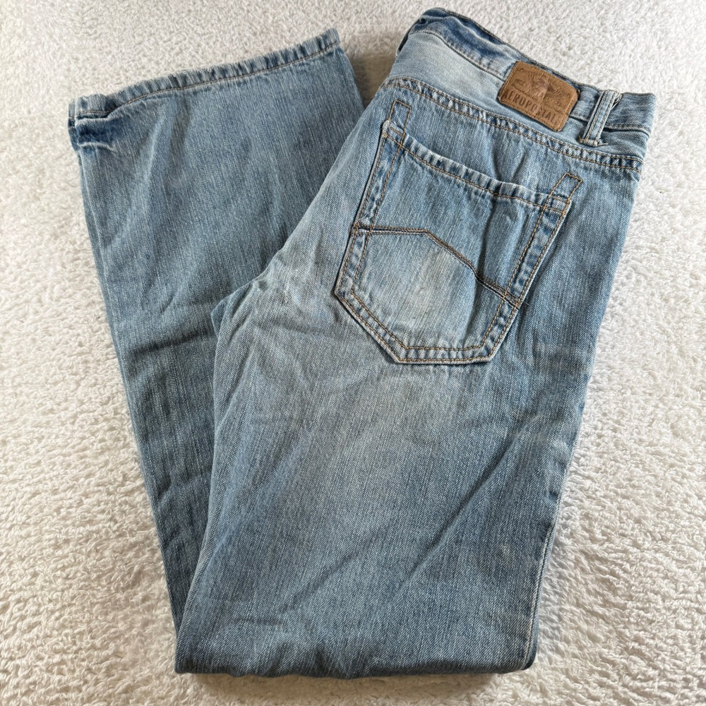 Aeropostale Driggs Slim Boot Jeans Mens 36x34 Light Wash Blue Distressed Clean